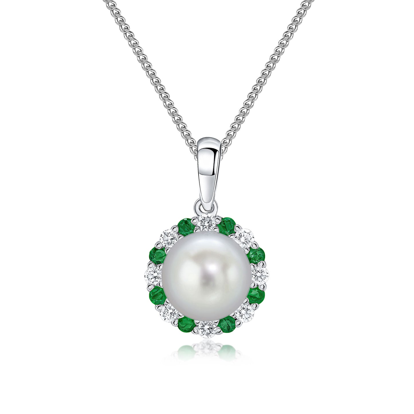 18ct White Gold Pearl,Emerald And Diamond Pendant.