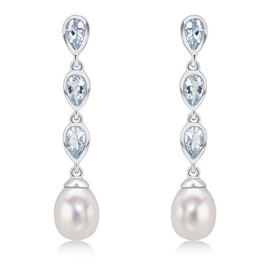 9ct White Gold Aqua And Pearl Earrings