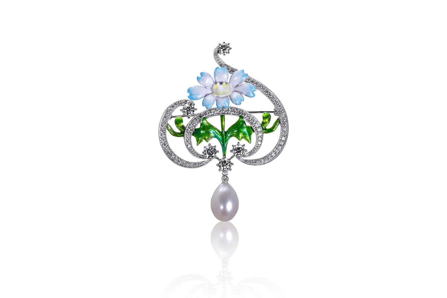 Silver CZ Freshwater Pearl And Enamel Brooch/Pendant.