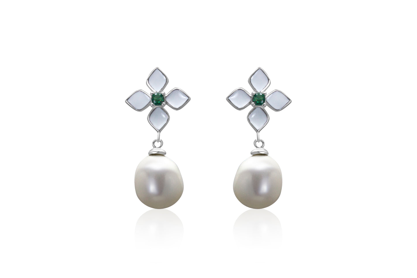 Silver Enamel Freshwater Pearl And CZ Earrings.