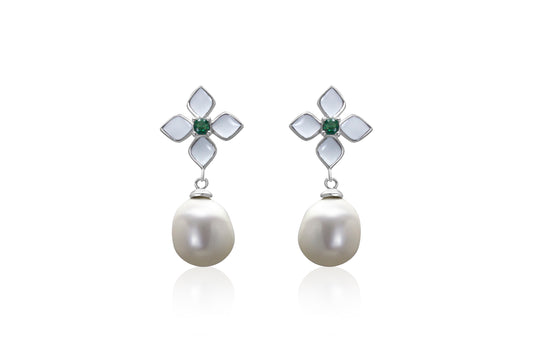 Silver Enamel Freshwater Pearl And CZ Earrings.