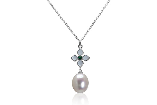 Silver CZ Freshwater Pearl And Enamel Necklace.