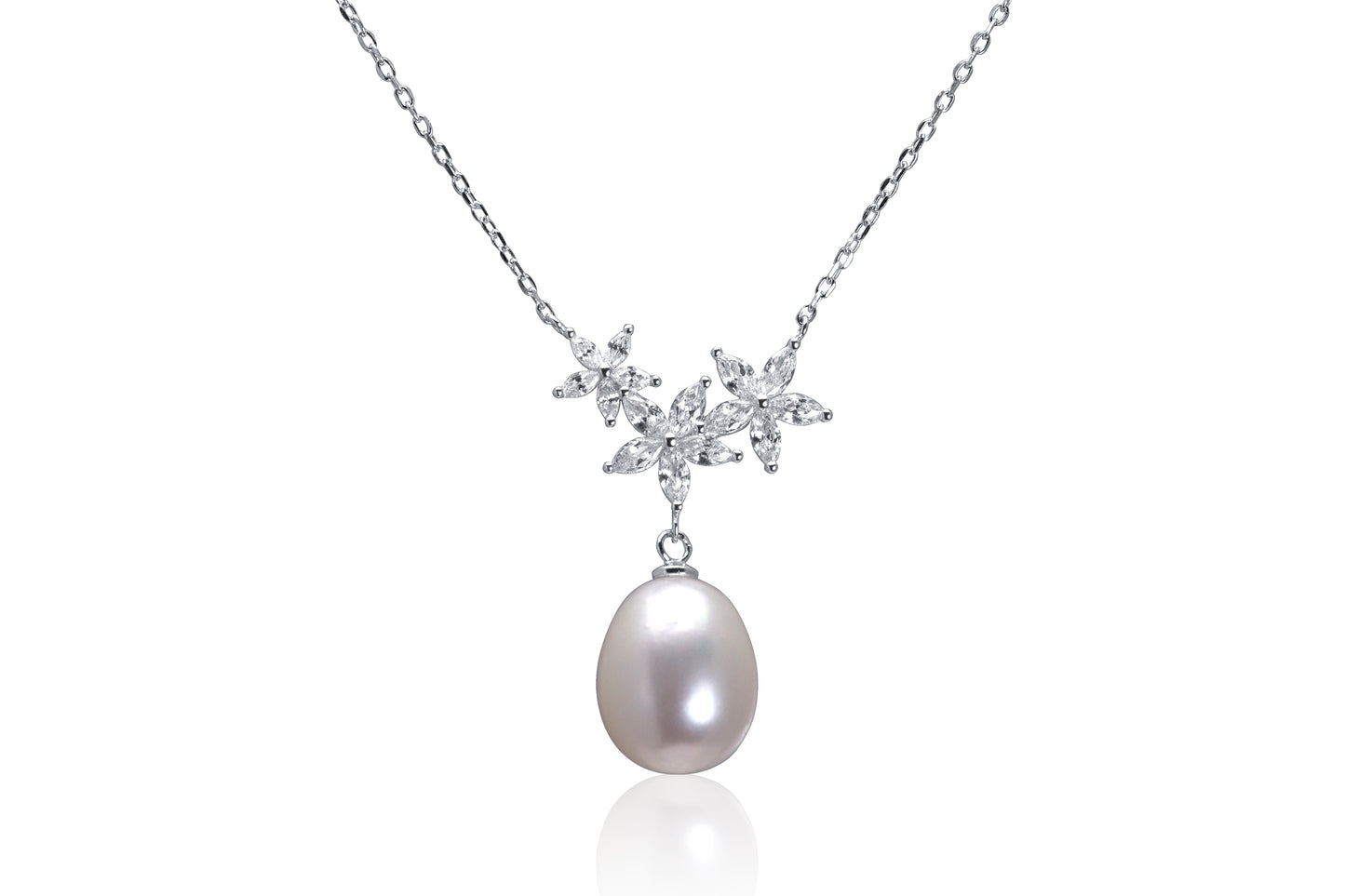 Silver Fresh Water Pearl And CZ Necklace.
