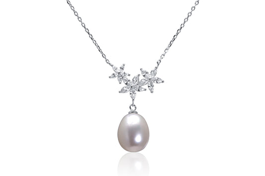 Silver Fresh Water Pearl And CZ Necklace.