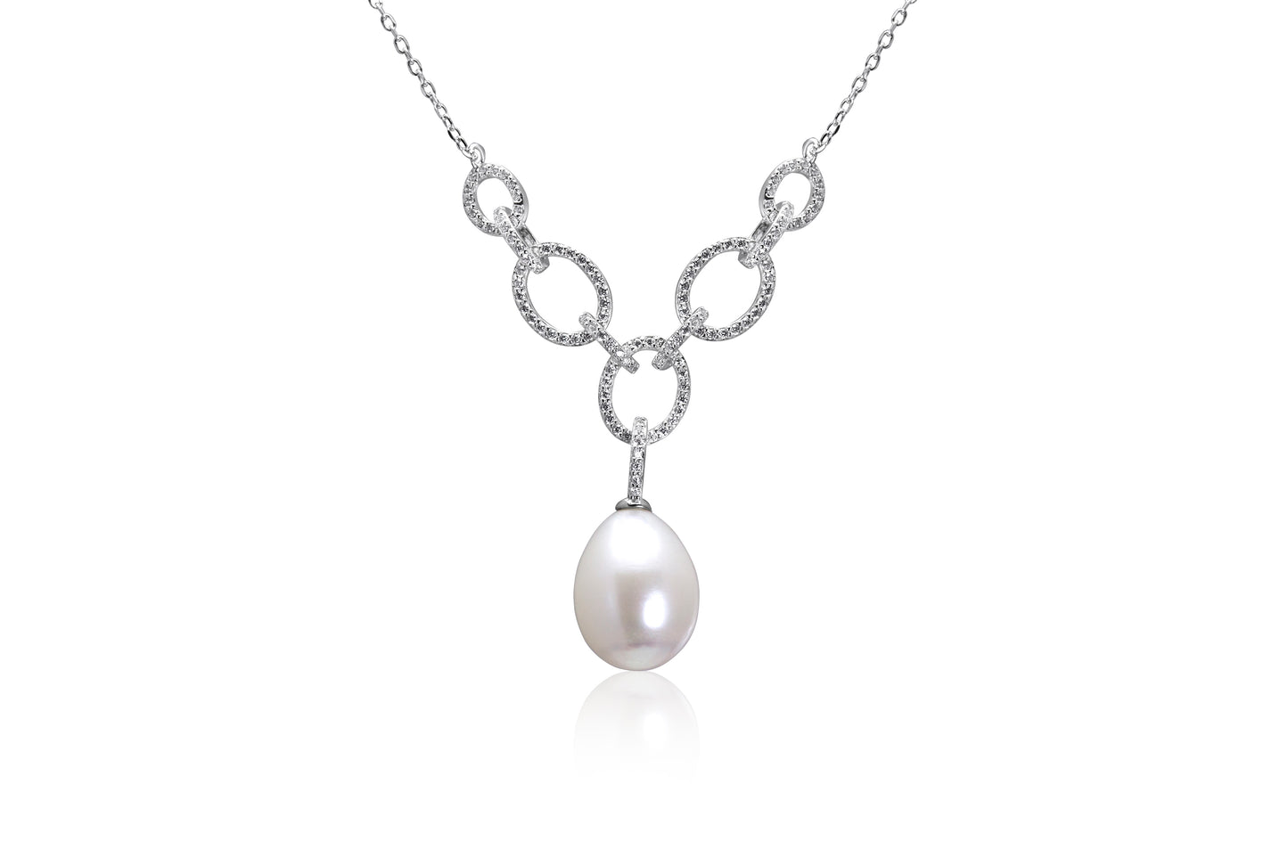 Silver Fresh Water Pearl And CZ Necklace.