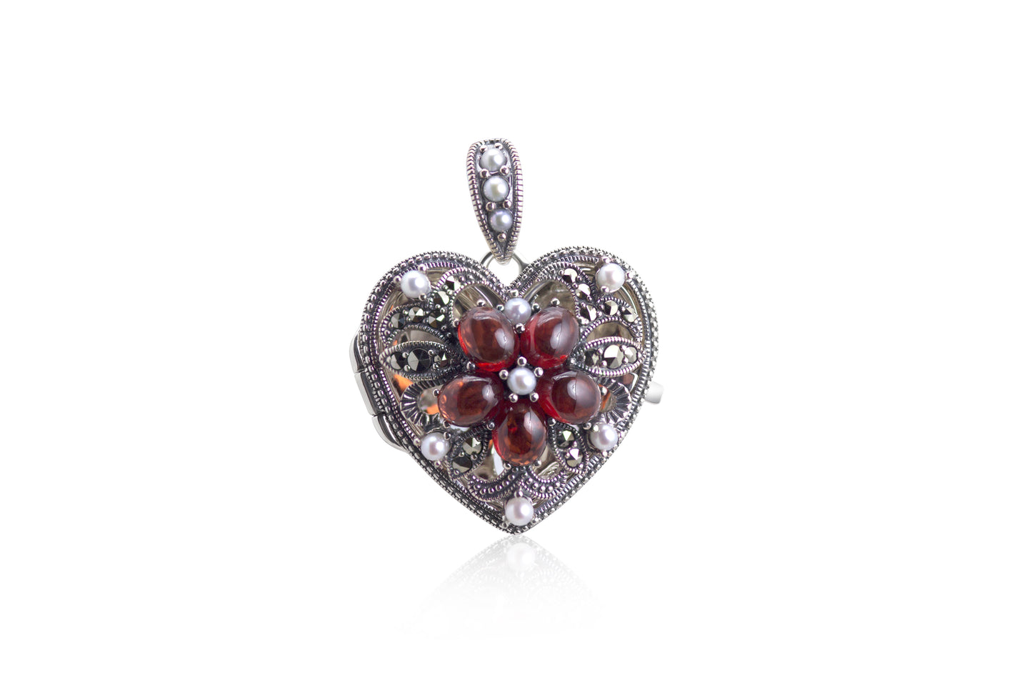 Silver Marcasite Garnet And Fresh Water Pearl Locket-Pendant.