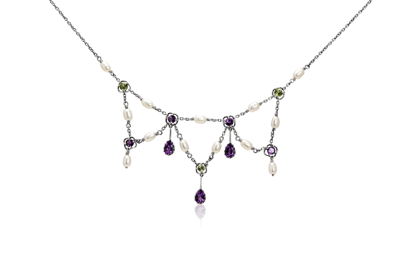 Silver Peridot Amethyst And Pearl Necklace.